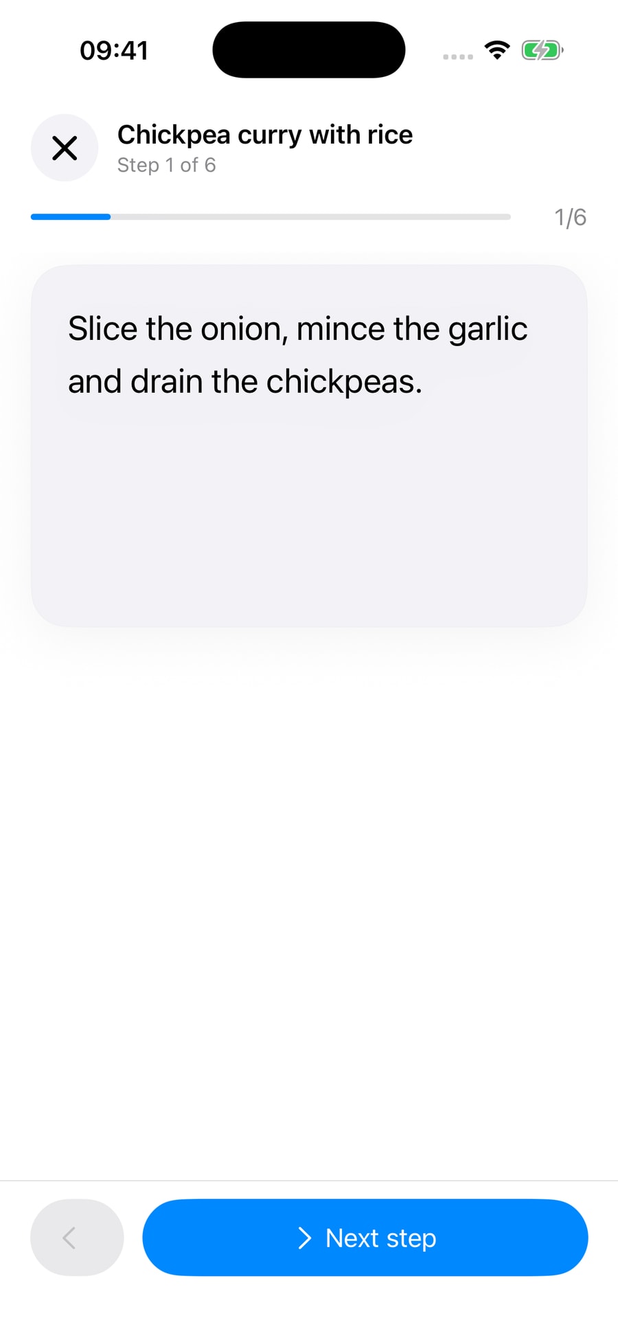 Step-by-step cooking in Meal — English app preview