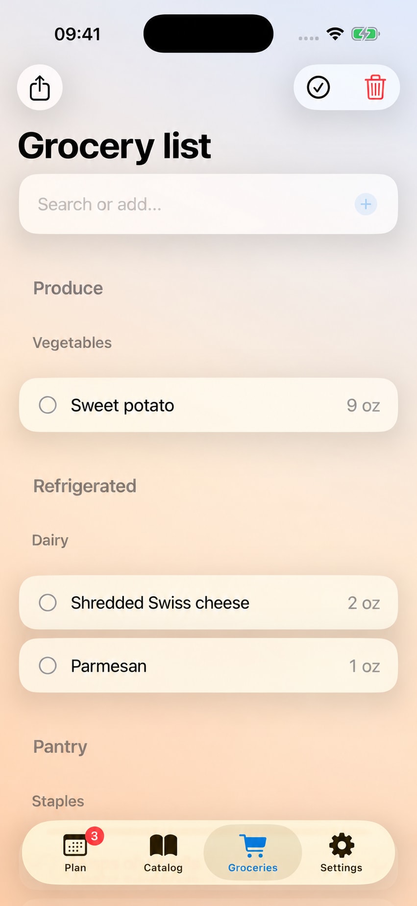 Grocery list in Meal with US units