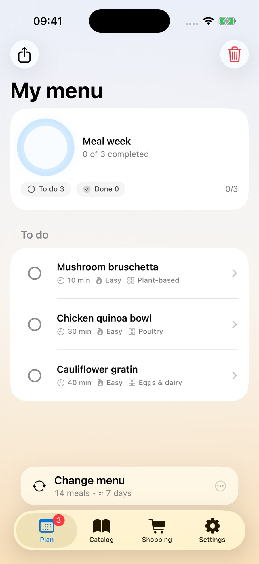Your meal plan in Meal — English app preview